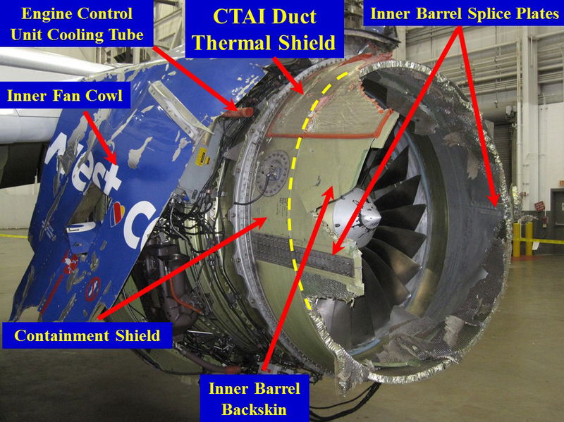 NTSB_update_May_3_2018_-_Southwest_Airlines_Flight_1380_-_N772SW_-_Figure_1_-_Damage_to_cowl_-_inboard