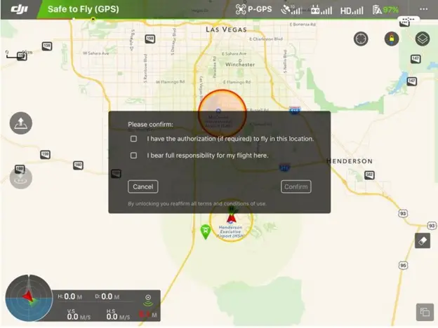 DJI's app asks the drone pilot to take responsibility for flying into a restricted area