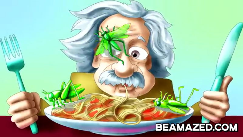 Einstein eating spaghetti and grasshoppers